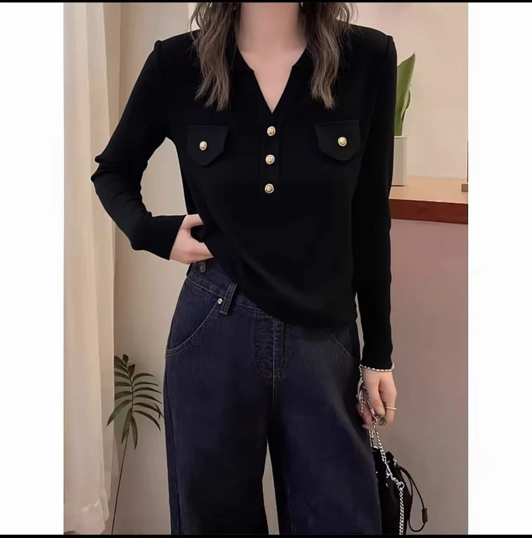 小香风v领长袖针织衫女秋冬穿搭设计感时尚百搭毛衣#2543