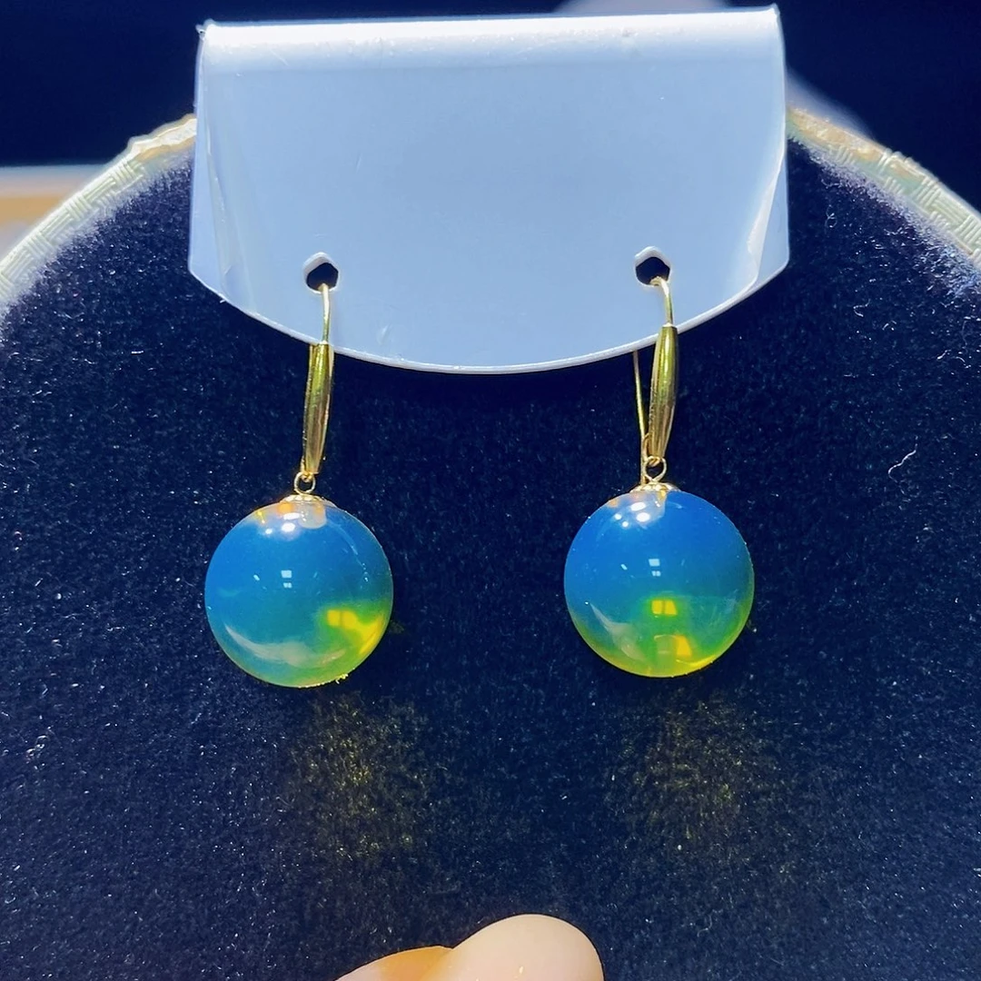 蓝珀18K金镶嵌耳饰12m高蓝净水裸珠耳钩