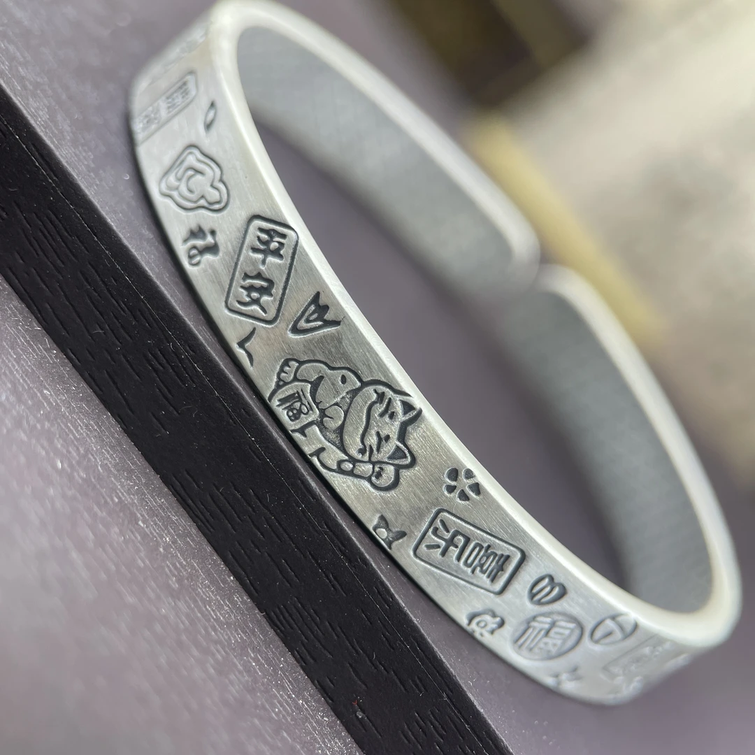 足银手镯 5号足银999.9吉言复古哑光做旧纯银手镯送礼物约29克