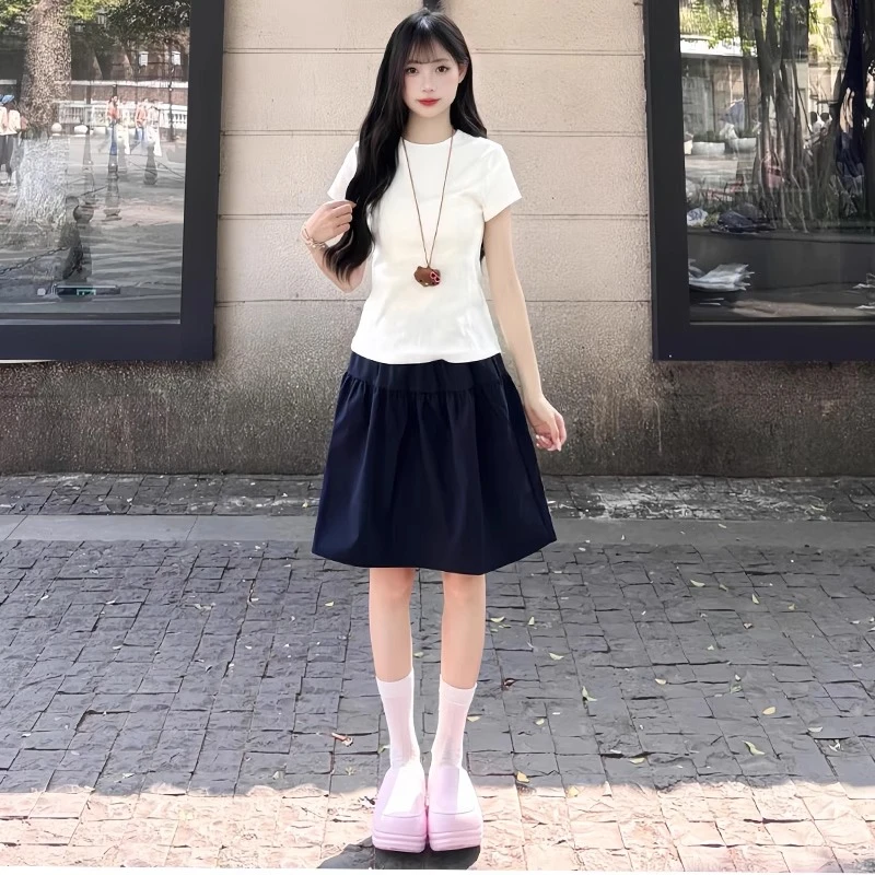 藏青色半身裙女2025夏季新款高腰复古五分伞裙学院风显瘦短裙半裙