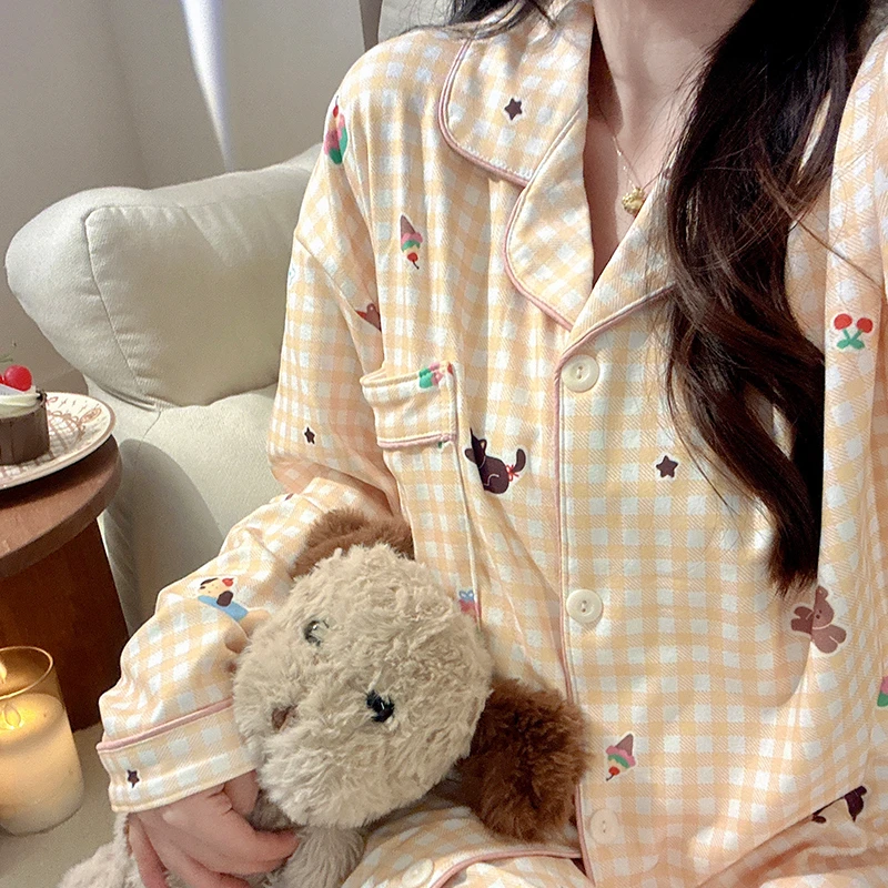 可爱黄格小蛋糕睡衣女士秋冬季长袖长裤甜美学生德绒家居服两件套