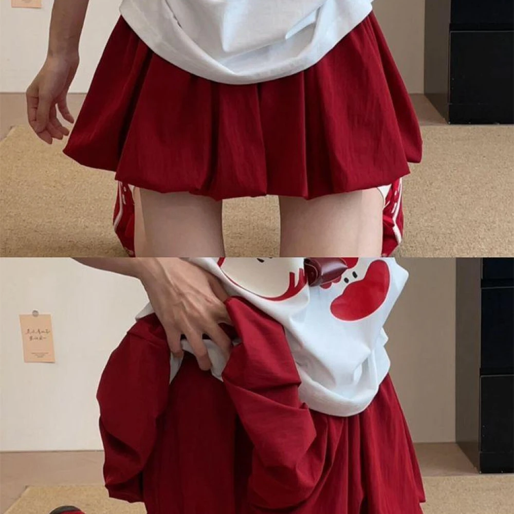 设计感小众百搭韩系甜辣红色花苞半身裙收腰显瘦女夏季蓬蓬短裙子