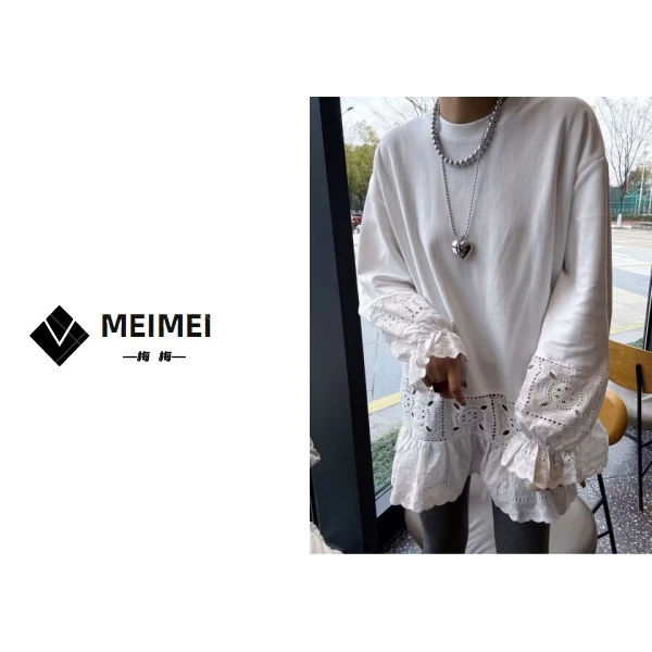 XMM【2025春款袖口蕾丝勾花t】长袖白色休闲百搭宽松镂空圆领显瘦衣