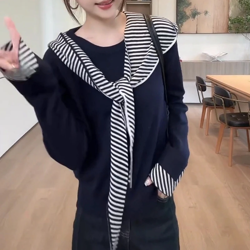 韩系拼接斜条纹袖口套头长袖针织衫女2025春秋新款高级感上衣