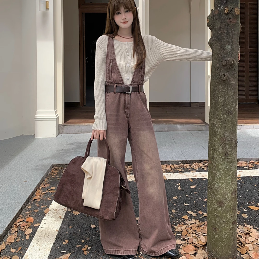 高级感复古牛仔背带裤收腰显瘦气质阔腿裤显高显瘦重工水洗秋季新