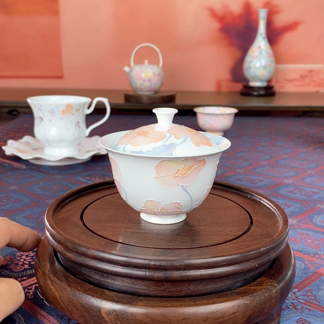 微瑕虞美人盖碗釉下手绘高温