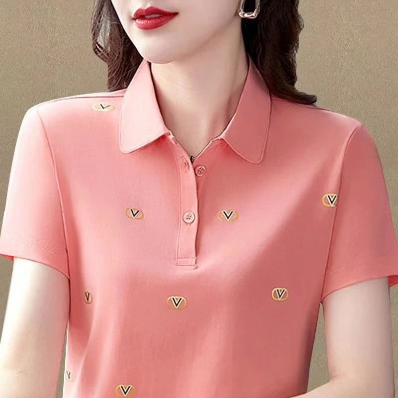 洋气短袖t恤女夏装时尚妈妈polo衫宽松显瘦上衣翻领大码绣花