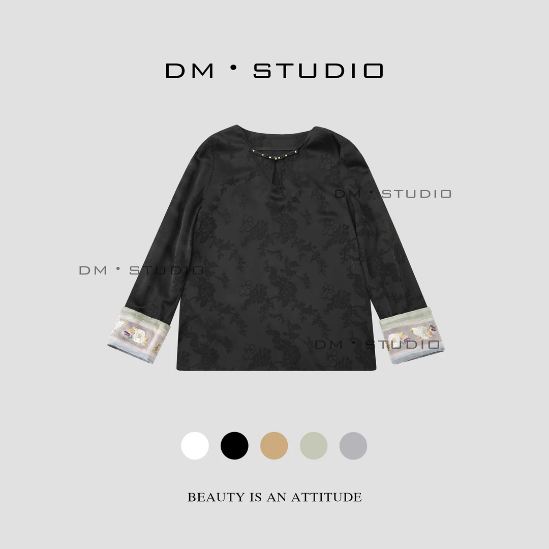 DEDM•STUDIO中式高级设计感盘扣镂空桑蚕丝工艺提花衬衣（50316）