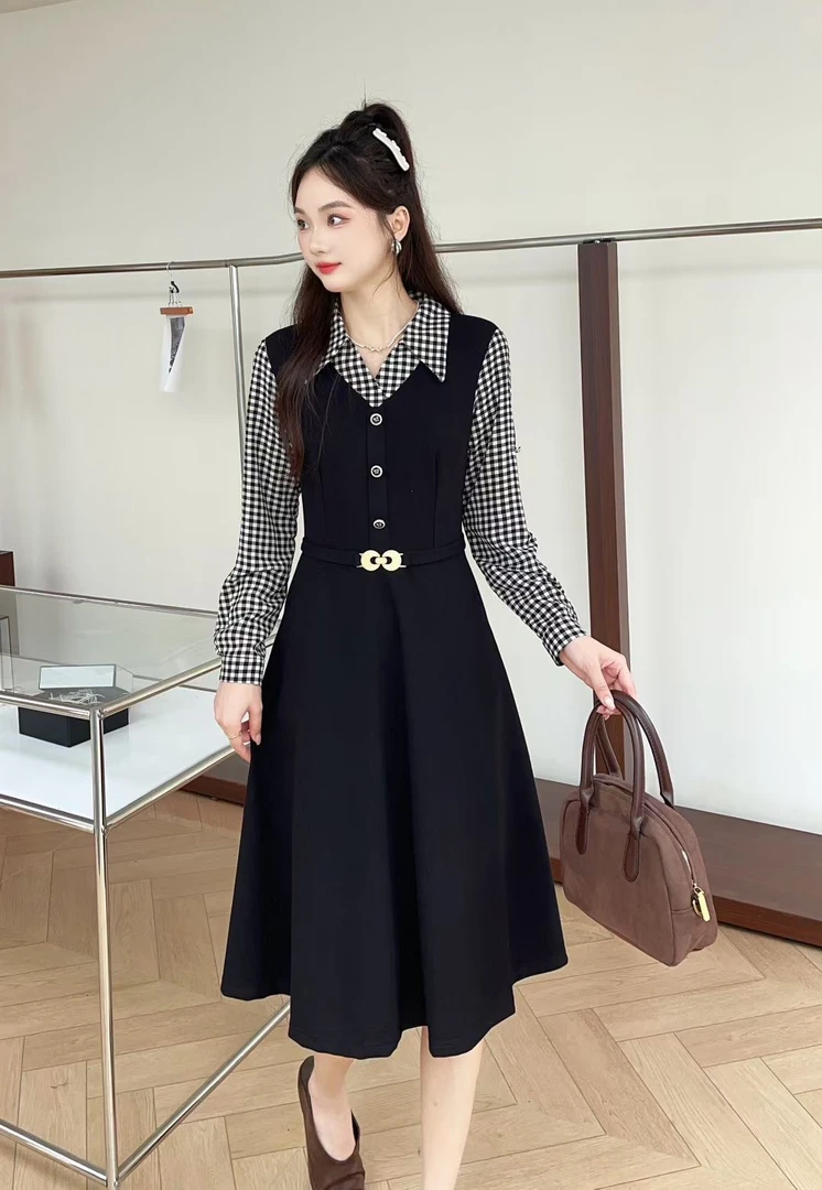 衬衫领条纹长袖中长款秋季女士连衣裙时尚气质减龄