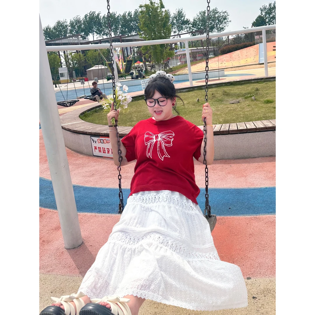 【大源美树】25年夏季新款大码女装百搭时尚蝴蝶结针织短袖-F509