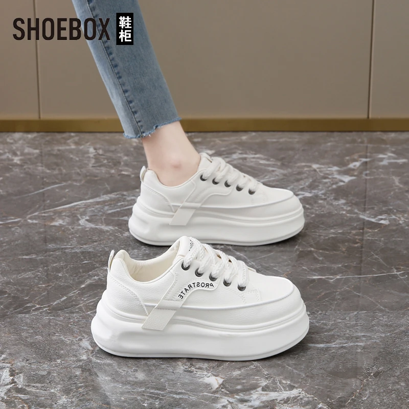 SHOEBOX鞋柜厚底小白鞋女2025新款春季百搭休闲鞋软底皮面板鞋