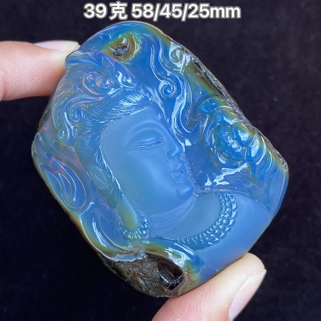 【小伊琥珀】39克蓝血变色龙带血珀原皮观音吊坠「血珀不退换」