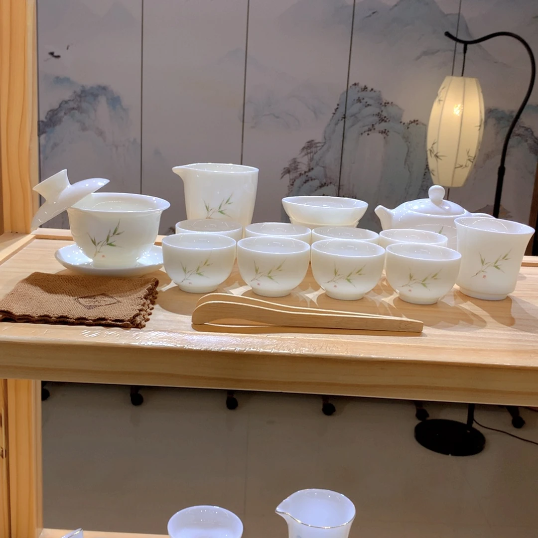 羊脂玉瓷竹报平安16件套功夫茶具