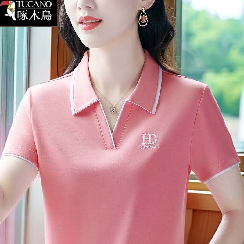 啄木鸟夏季翻领短袖T恤POLO衫2025年新款刺绣拼色洋气减龄上衣女