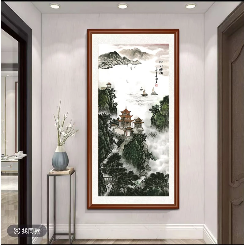 【水墨-仙山楼阁】竖幅新中式微喷复刻装饰画实木框字画装裱