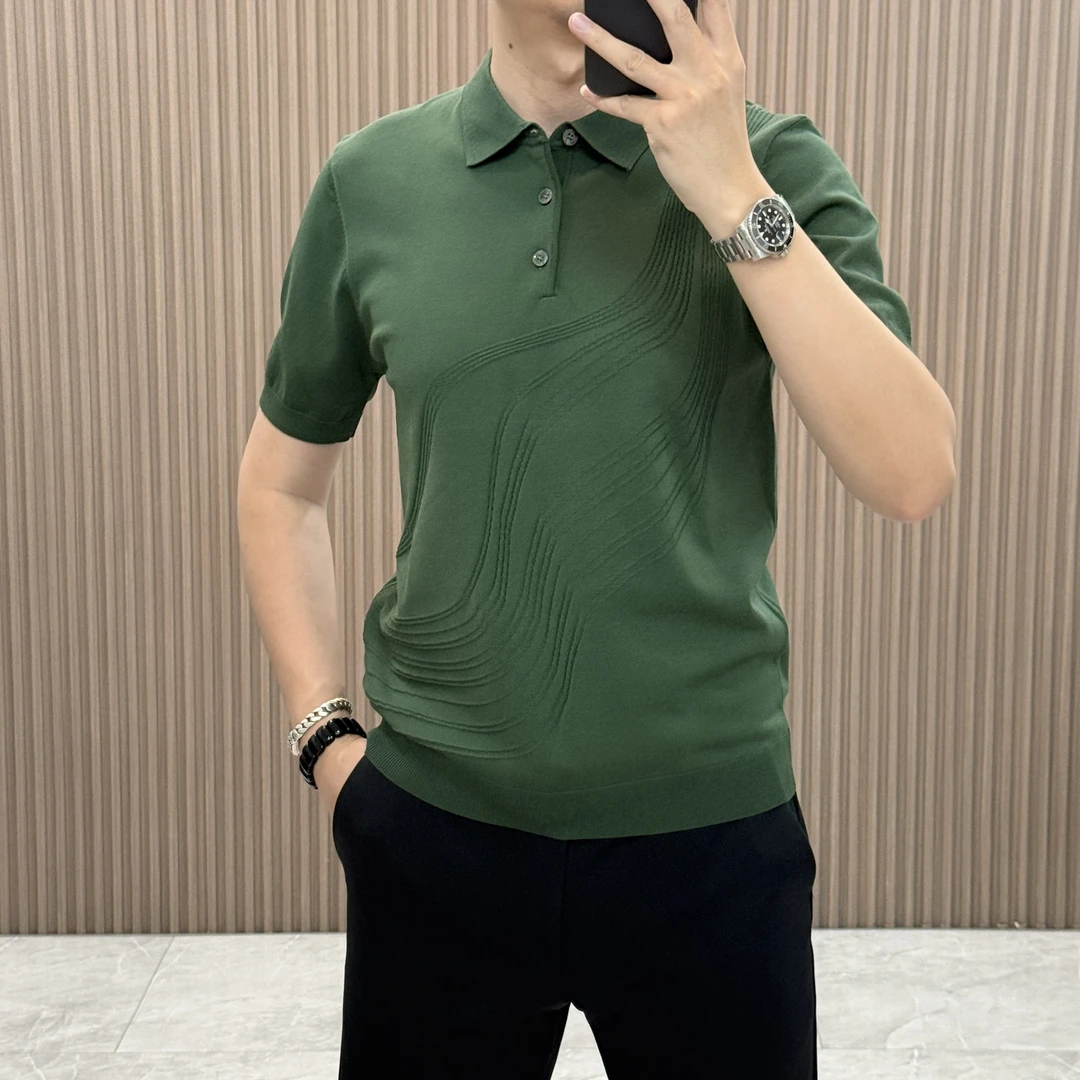 2025夏季冰丝polo衫男士重工针织轻奢修身百搭时尚商务简约纯色潮