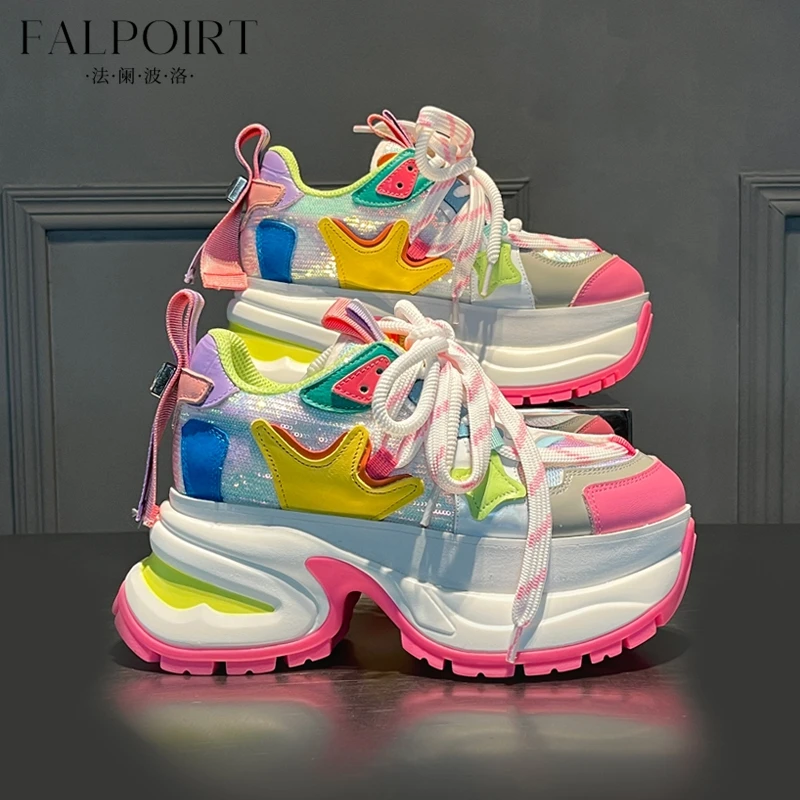 FALPOIRT甜酷潮流时尚彩虹鞋女亮片真皮松糕底增高老爹鞋超火新款
