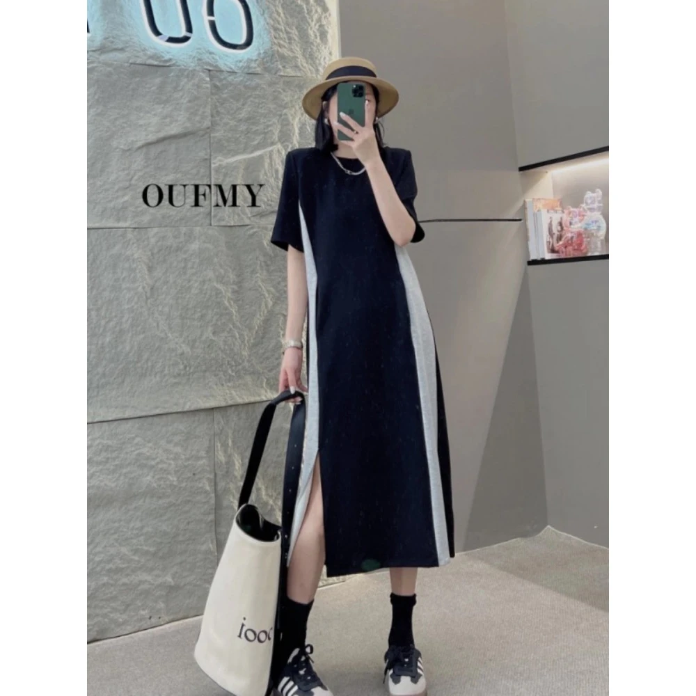 大码休闲撞色连衣裙女微胖mm宽松显瘦遮肚时尚长裙子2025夏季新款