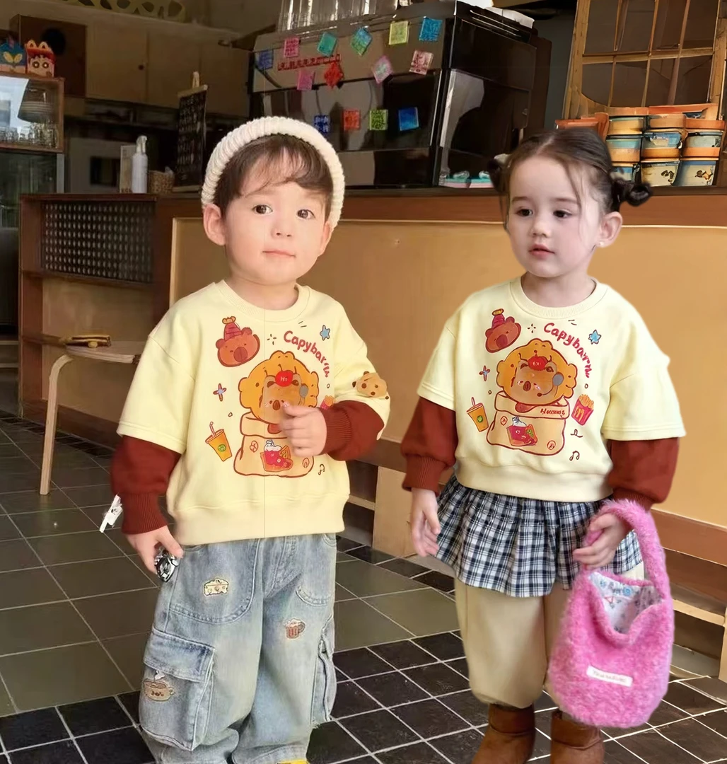 儿童秋冬季2025新款休闲风长袖T恤立体玩偶圆领卫衣卡皮