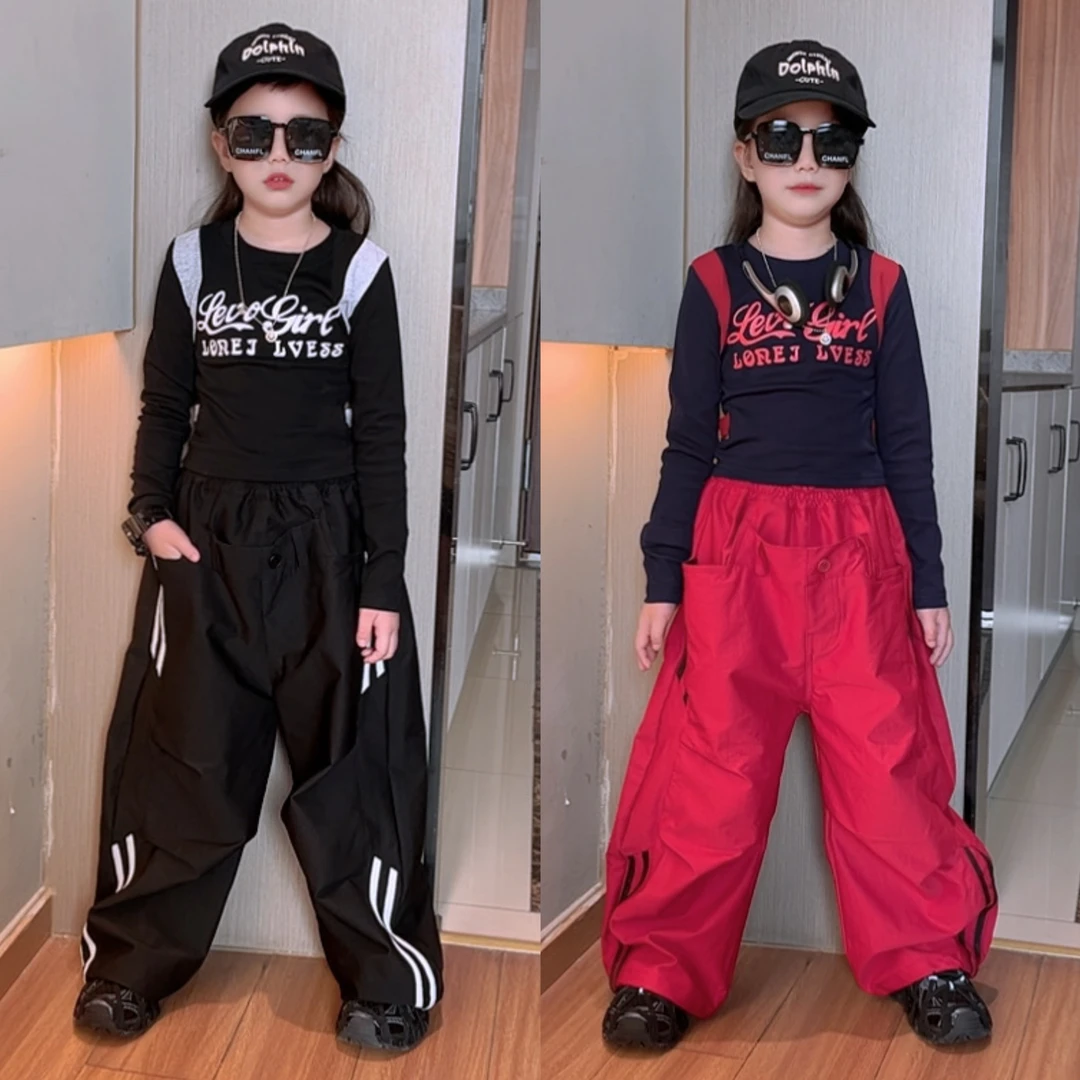 女童秋装套装中大童洋气女孩韩版春秋款街舞时尚拉条工装裤两件套