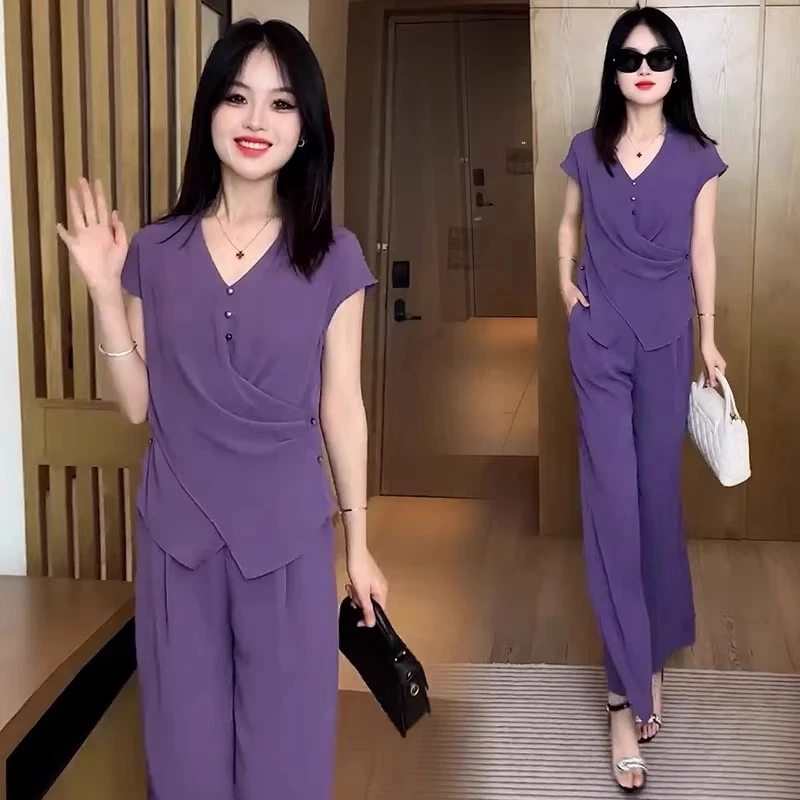 时尚雪纺套装女夏季冰丝垂感洋气质显瘦V领短袖衬衫阔腿裤两件套