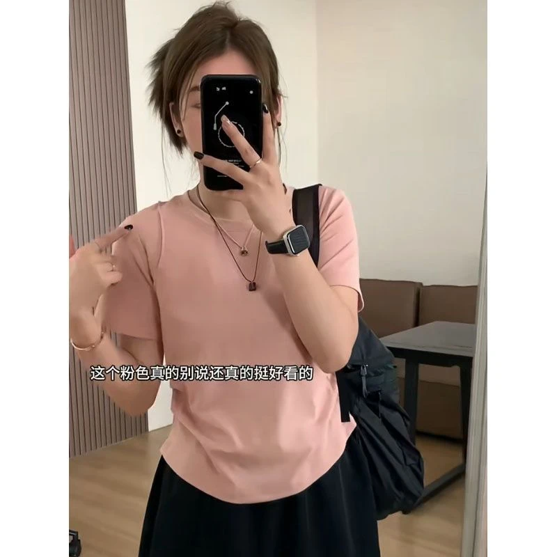 特大码200斤欧货独特掐腰正肩短袖t恤女夏季百搭洋气时尚遮肉上衣