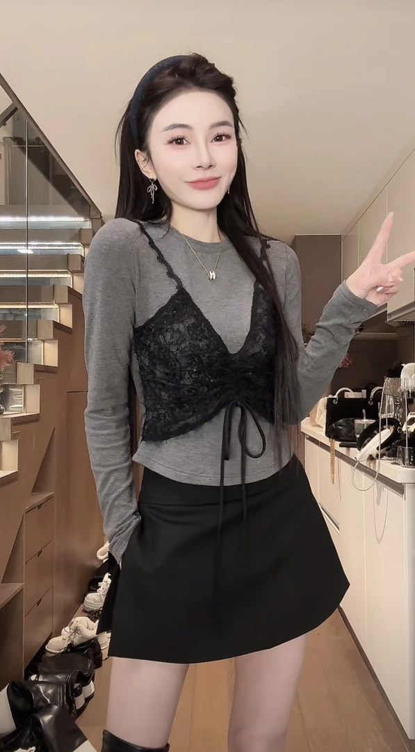 【磊磊】上新蕾丝吊带假两件复古韩系上衣#8881