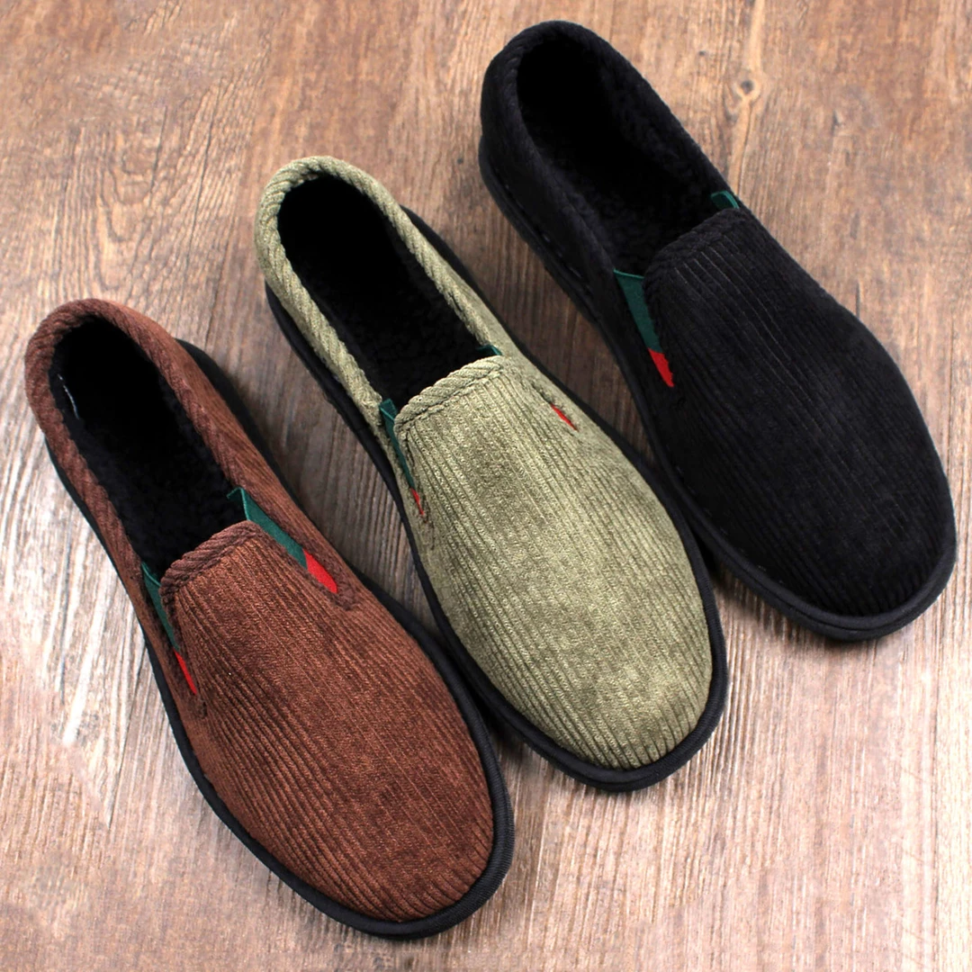 2025新款冬季加绒保暖老北京布鞋男一脚蹬软底舒适灯芯绒加厚棉鞋