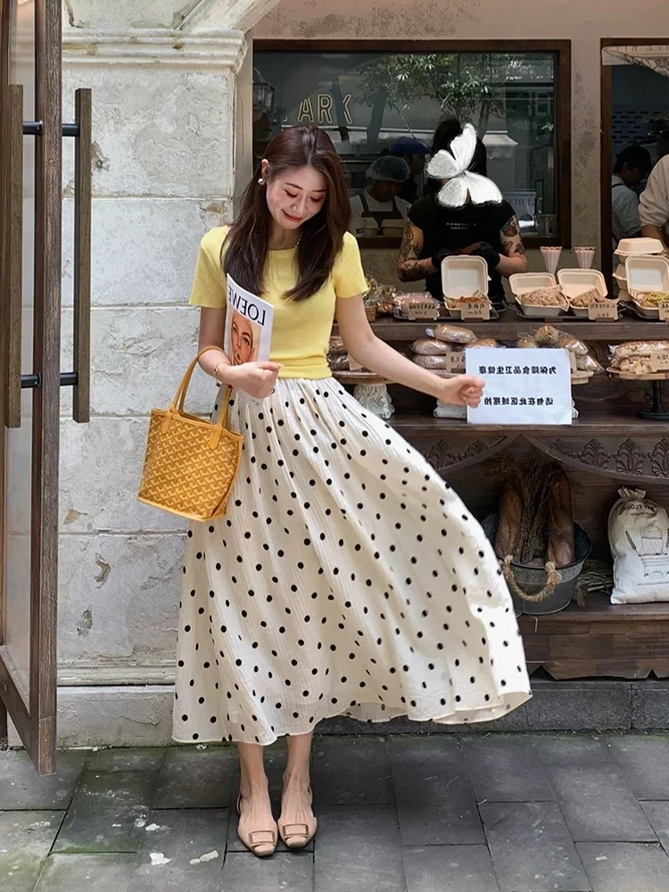 【浪漫波尔卡】时尚夏季新款黄色针织上衣打底衫高腰波点大裙摆半裙