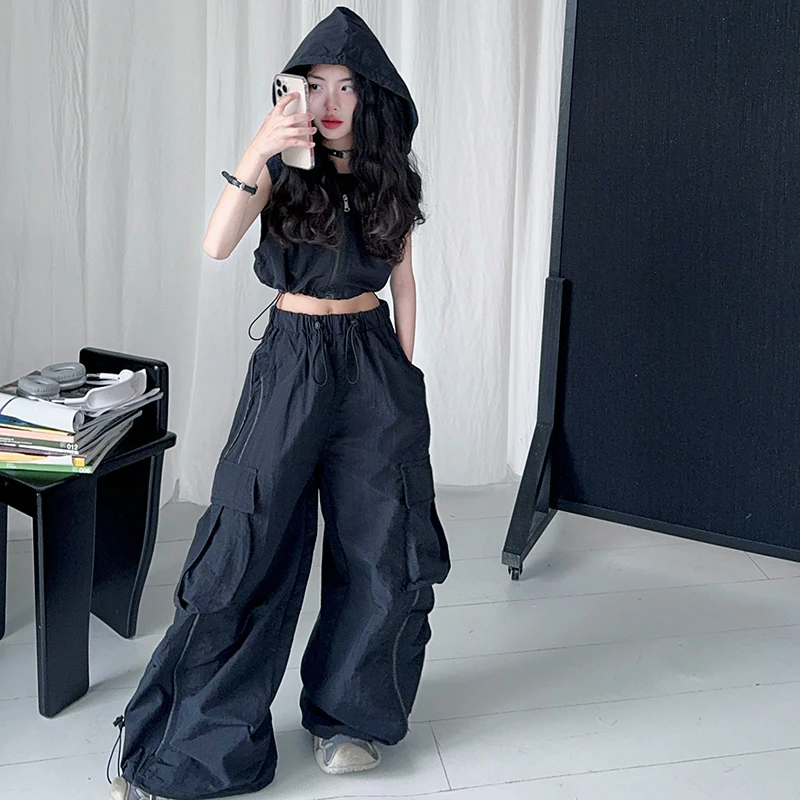 2025年新款女童春秋款美式小众设计休闲裤速干抽绳宽松工装裤套装