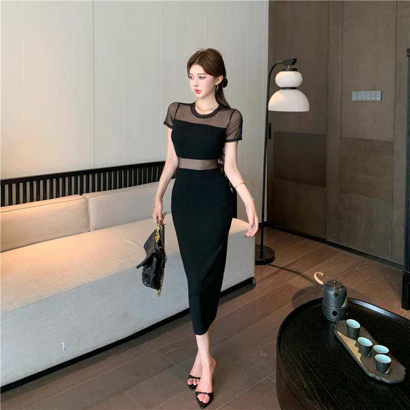 纯欲设计感夏季镂空网纱拼接性感半透视气质显瘦辣妹包臀连衣裙潮