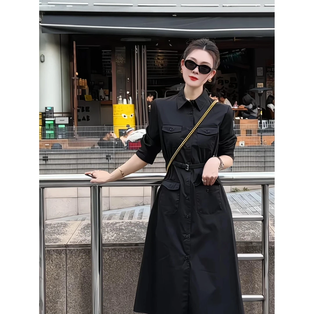 岁言suiyan春夏新款女装连衣裙气质长袖春装工装风连衣裙女装黑色