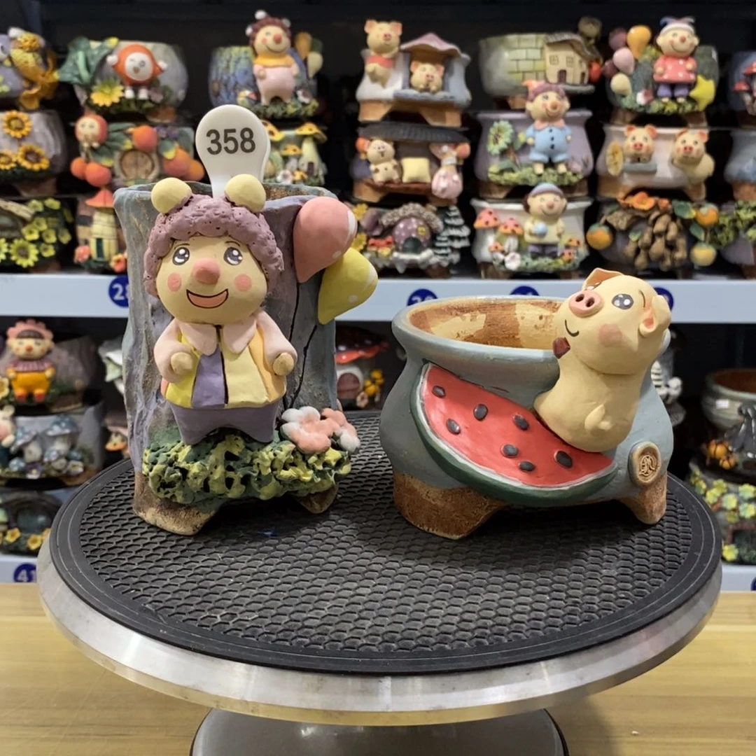 小*柒白狐粗陶手捏花盆