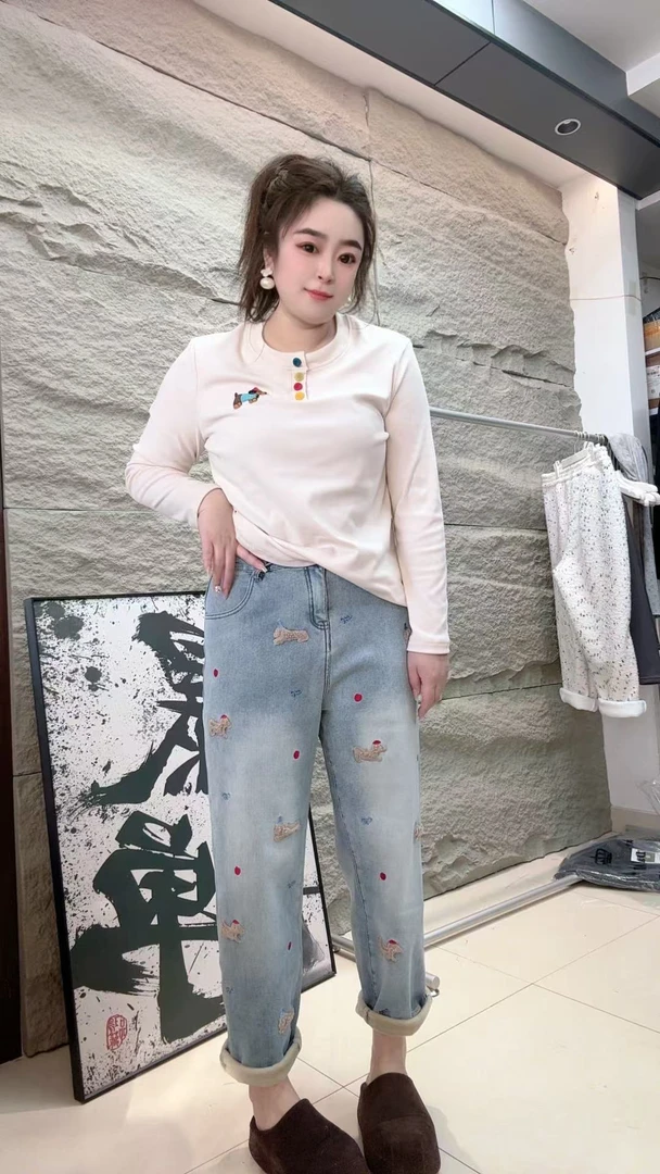 小娜家【新款腊肠狗】加绒秋冬窄版牛仔裤女高腰老爹裤
