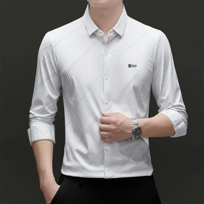 男士高档衬衫免烫长袖职业春秋季斜条纹白色无痕休闲薄款衬衣