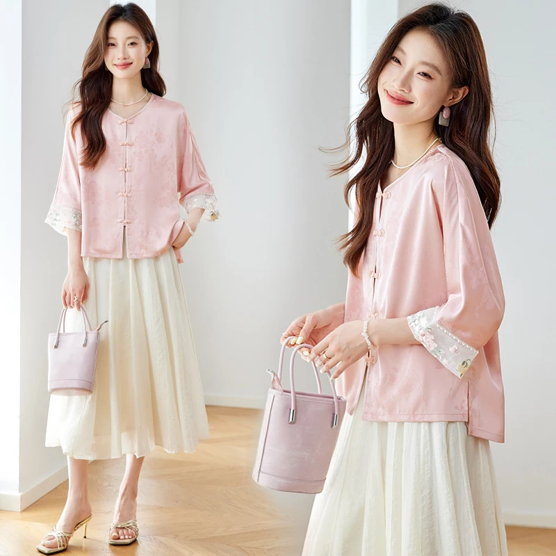 新中式国风缎面提花刺绣七分袖外套女2025夏季新款轻薄感上衣