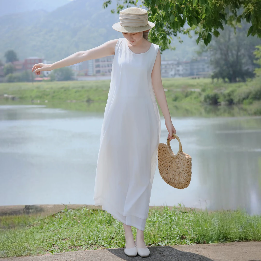 乱在江南 夏季双层棉飘逸无袖连衣裙出游度假百搭纯色显瘦沙滩裙