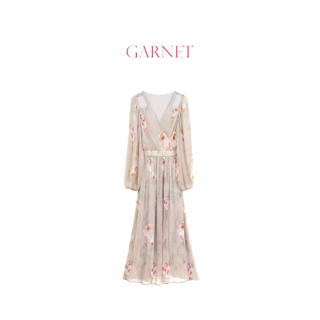 GARNET“一帘幽梦”手绘花朵印花连衣裙轻薄柔纱HSL25SS035