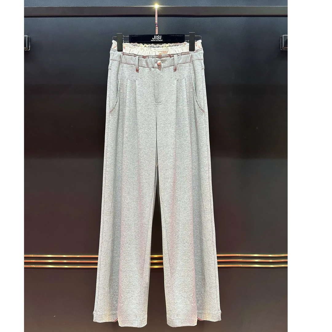 JISI LA+夏季蕾丝拼接宽松直筒休闲长裤-KZ25162