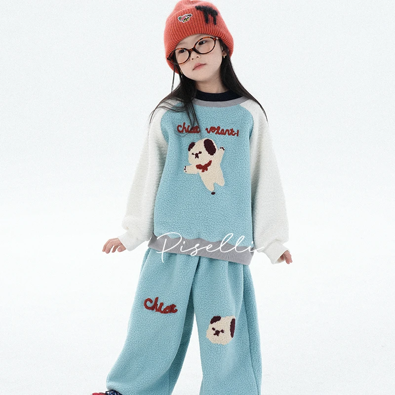 史豌豆女童卡通毛巾绣加厚仿羊羔毛套装  Y4531