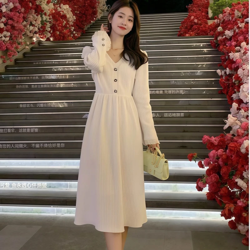 （千千条长袖）纯色中长裙法式小个子露肩连衣裙连衣裙小众秋季法式