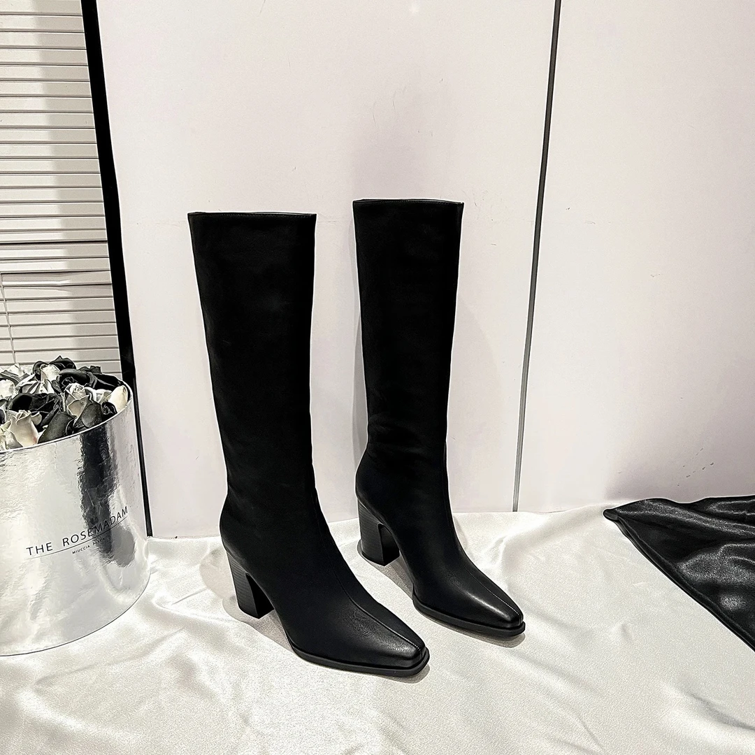 韩风简约圆头粗跟长靴女百搭显腿秋冬新款时尚靴26D967