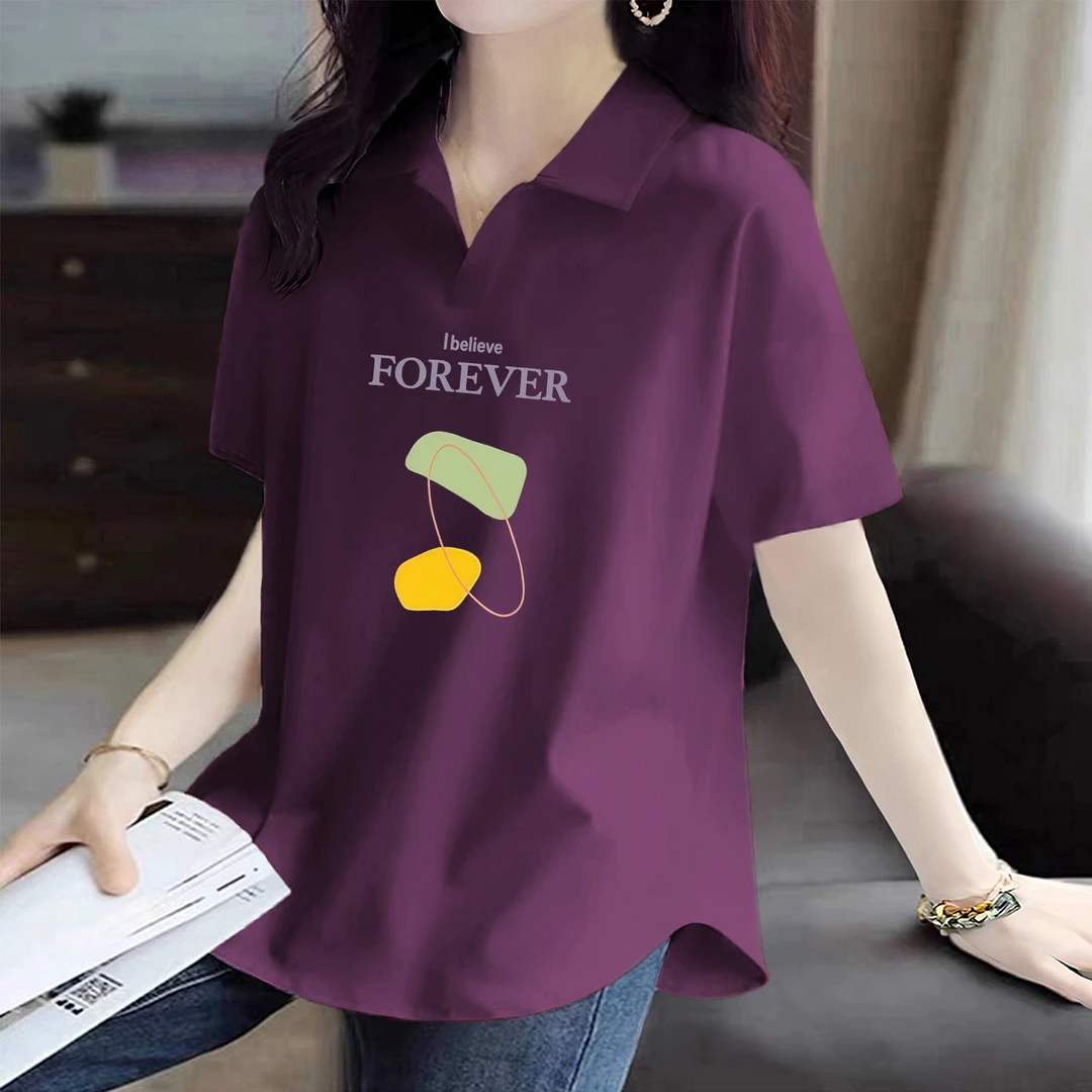 92%棉短袖POLO衫女夏季大码休闲弧形下摆宽松显瘦减龄洋气翻领T恤