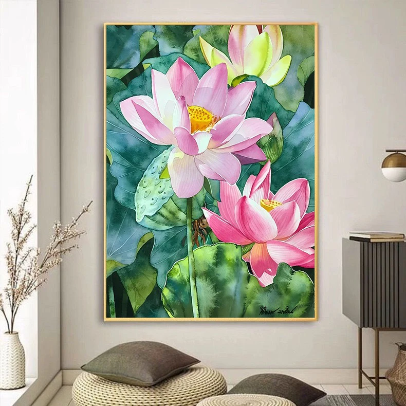 夏日荷花钻石画满钻竖版玄关过道餐厅客厅卧室装饰画手工diy点钻