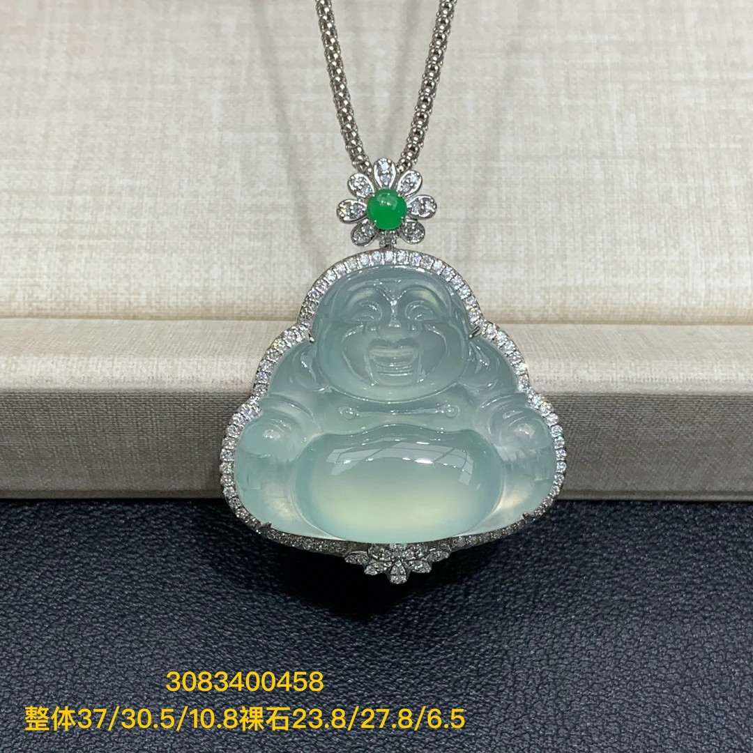 三月新品推荐小万特惠价18k镶嵌冰种起荧光晴绿底佛公翡翠吊坠