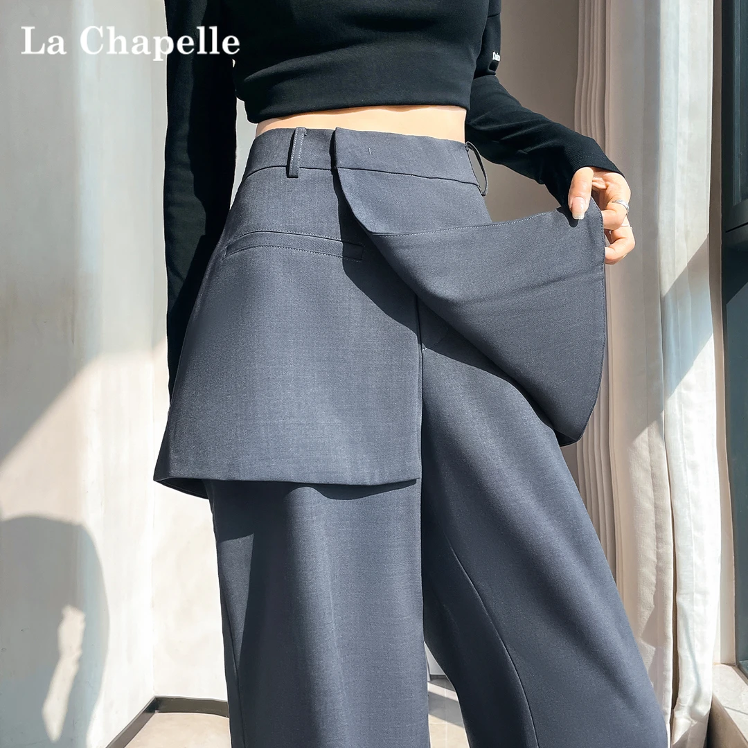 拉夏贝尔灰色屁帘直筒西装裤女秋2025新款假两件设计感高腰阔腿裤
