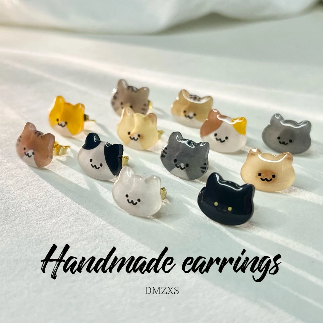 铜合金耳饰 纯手工制作ins风可爱小猫咪耳钉热缩片滴胶耳环创意