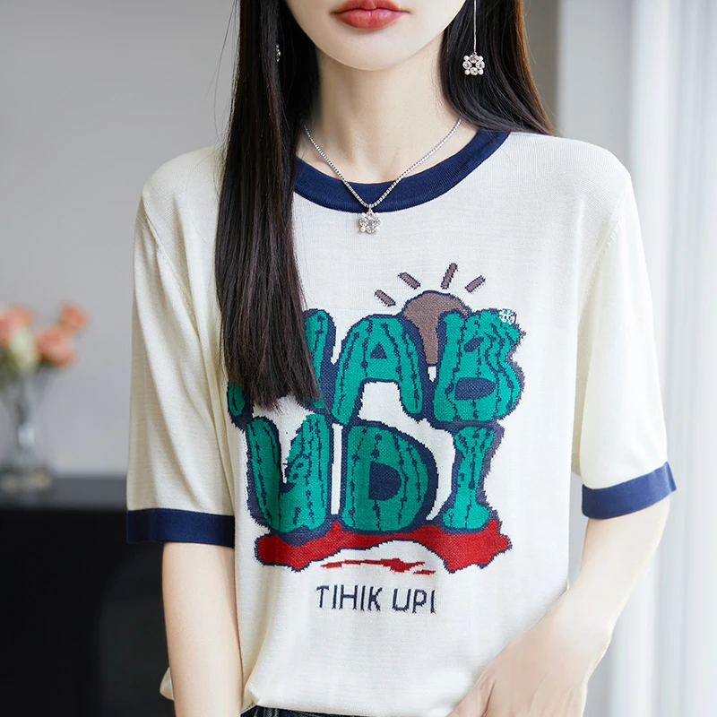 鄂尔多斯市夏季卡通拼色短袖T恤印花字母薄款半袖宽松冰丝体恤女