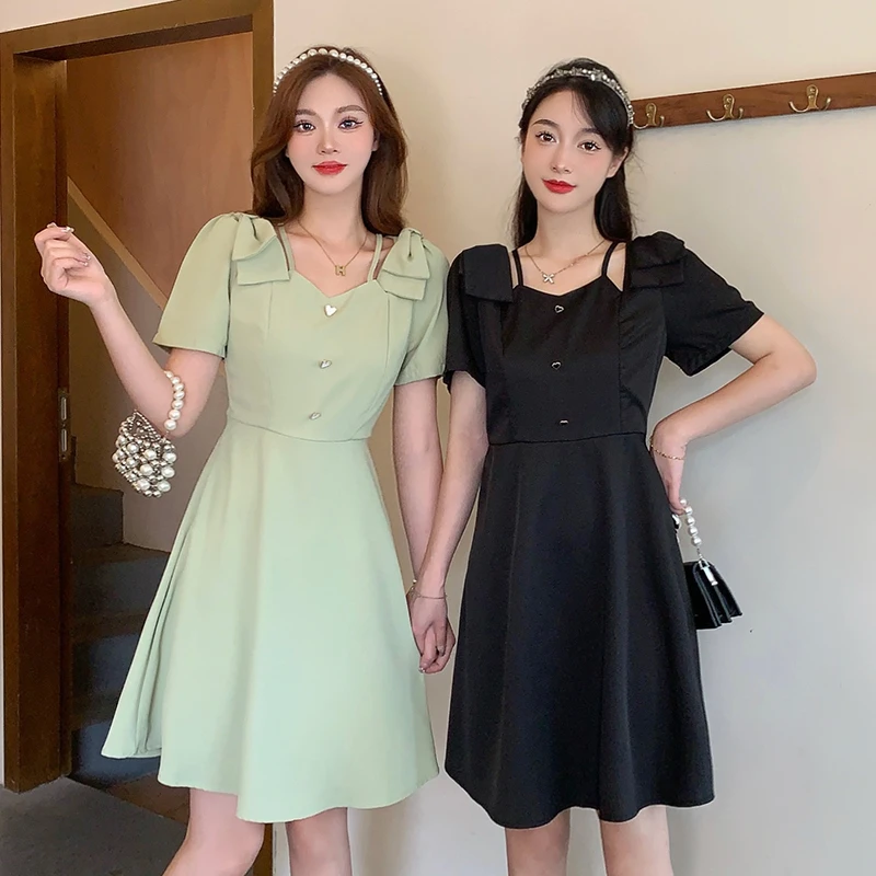 15411（26）夏装胖妹妹大码时尚洋气假两件吊带露肩收腰连衣裙