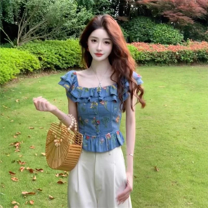 蓝色方领碎花短袖衬衫女夏季新款高级感修身绝美上衣大码胖MM夏季